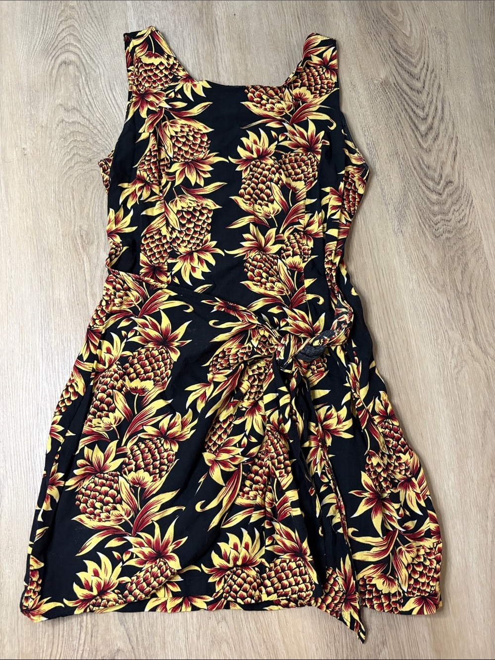 Pineapple Moon Black Vintage Pineapple Rayon Side Tie Tank Dress size small